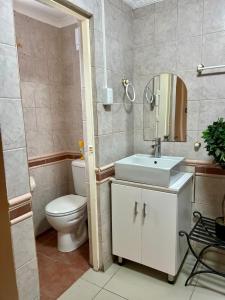 a bathroom with a toilet and a sink and a mirror at Silken Trap Budget Rooms in Johannesburg +16 photos