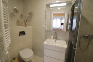 a bathroom with a sink and a toilet and a mirror at Cozy city centre apartment in Telšiai +30 photos