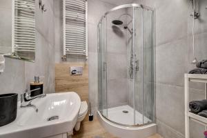 a bathroom with a shower and a sink and a toilet at Central Platinum Apartments 18 Studio z aneksem kuchennym i tarasem - 3 łóżka in Rybnik +14 photos