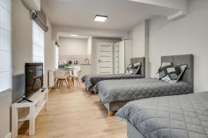 a bedroom with two beds and a television and a table at Central Platinum Apartments 18 Studio z aneksem kuchennym i tarasem - 3 łóżka in Rybnik