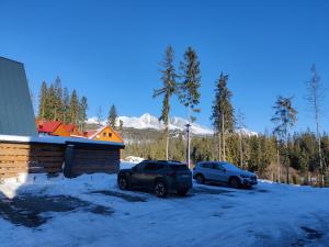 two cars parked outside of a house in the snow at Tatra Frank Apartman in Štrba
