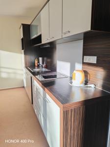 a kitchen with white cabinets and a counter top at Tatra Frank Apartman in Štrba
