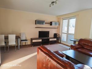 a living room with a couch and a flat screen tv at Tatra Frank Apartman in Štrba