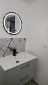 a bathroom with a mirror and a white sink at Havre de Paix - Maisonnette Charmante avec Extérieur Privé in Blois +11 photos