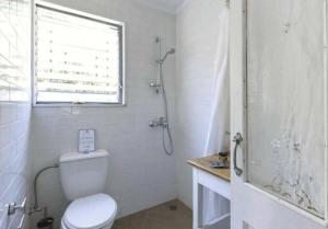 a bathroom with a shower and a toilet and a window at Odyssey Eco Farm Glamping in Galatas