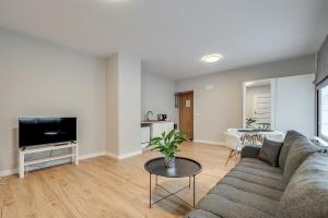 a living room with a couch and a tv at Central Platinum Apartments 21 in Rybnik