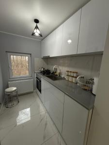 a kitchen with white cabinets and a counter top at Manika Grigoleti in Grigoleti