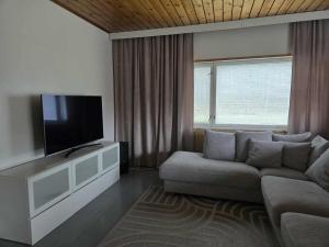 a living room with a couch and a flat screen tv at Leinosen Lempi in Ylämylly
