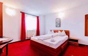 a bedroom with a large bed with a red carpet at Pensiunea Vacanta in Lupeni