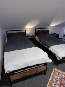 two twin beds in a room with two tables at Gemütliches City-Appartment in Wentorf bei Hamburg +14 photos