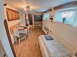 a small room with a bed and a dining table at Apartmán Astomo in Vrchlabí