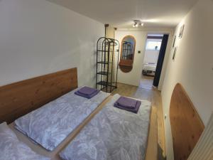 a bedroom with a bed with purple pillows on it at Apartmán Astomo in Vrchlabí