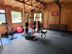 a gym with bikes and exercise equipment in a room at K10 Lodge in Curacautín