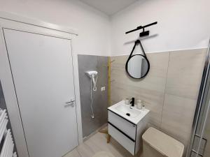 a bathroom with a sink and a mirror and a shower at visitor's house 3 in Rădăuţi