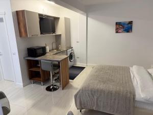 a bedroom with a bed and a desk and a sink at visitor's house 3 in Rădăuţi