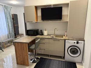 a kitchen with a sink and a washing machine at visitor's house 3 in Rădăuţi +3 photos