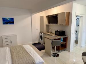 a bedroom with a bed and a kitchen with a sink at visitor's house 4 in Rădăuţi