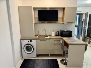 a kitchen with a sink and a washing machine at visitor's house 4 in Rădăuţi