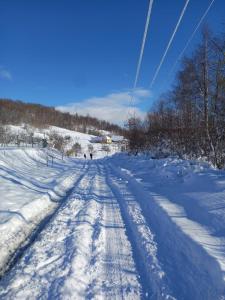 a snow covered road with people walking down it at Căsuța din deal in Tranisu