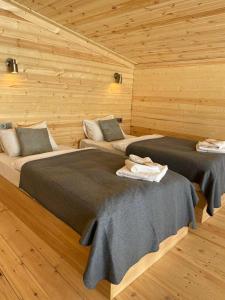 two beds in a room with wooden walls at Gudauri Deka Alpine Cottages in Gudauri