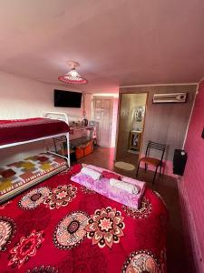 a bedroom with a large bed with a red blanket at Dormis C la Familia in Malargüe