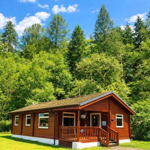 a cabin in the woods with a large deck at Antler Lodge Traditional Log Cabin in Dunoon