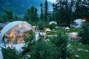 a group of domes in a field with trees at The GlampView Resort in Manāli +19 photos