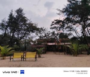 a yellow park bench in front of a building at Silver sand beach resort in Malvan +35 photos
