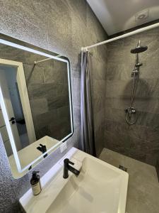 a bathroom with a sink and a mirror and a shower at 16 Airport Apartment in Vilnius