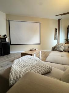 a large projection screen in a living room with a couch at Modern suite with jacuzzi in Toulon