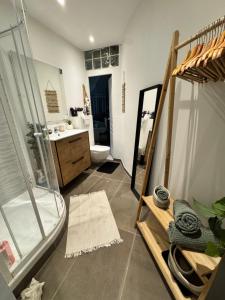 a bathroom with a shower and a toilet and a sink at Modern suite with jacuzzi in Toulon +13 photos