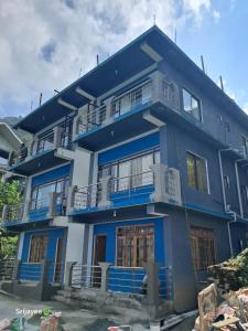 a blue and white building with balconies at Pinepeak in Lava