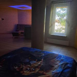 a bedroom with a bed in a room with a window at Jacuzzi in Klaipėda