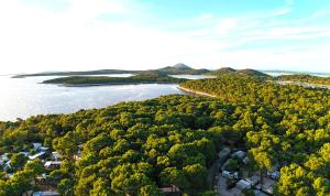 an aerial view of a lake with trees and houses at VELA Glamping - Camp Čikat - Lošinj in Mali Lošinj