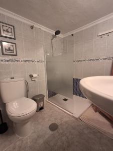 a bathroom with a toilet and a shower and a sink at Casa Cuartel in El Gastor