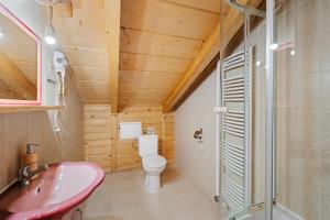 a bathroom with a pink sink and a toilet at RANČ Podlesok Relax in Hrabušice +48 photos