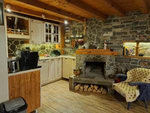 a kitchen with a stone fireplace in a room at River Garden in Beli Osŭm