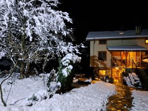 a house at night with snow on the branches of a tree at River Garden in Beli Osŭm