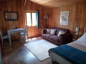 a living room with a couch and a table and a chair at Chalet Banassac in Saint-Ambroix