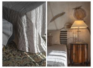 two pictures of a bedroom with a bed and a lamp at Passo del Mattino in Locati