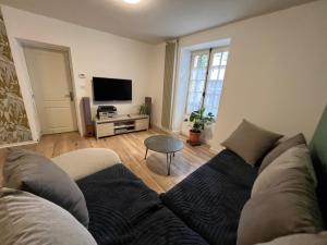 a living room with a couch and a flat screen tv at Maison en face du Marche Notre-Dame in Poitiers