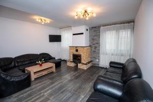 a living room with leather furniture and a fireplace at Pensiunea Teona in Târgu Ocna