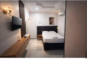 a hotel room with a bed and a television at GAO-Apartments in Egbelu