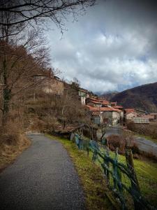 a road with a fence next to a village at Viandanti, Artisti e Sognatori in Comano