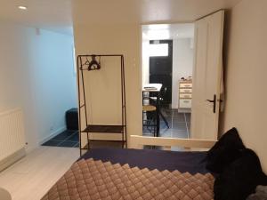 ein Schlafzimmer mit einem Bett und einem Spiegel in einem Zimmer in der Unterkunft Studio Bx Métropole Eysines A côté du tram in Eysines
