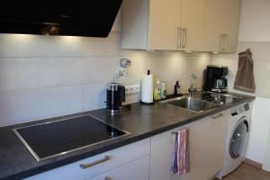 a kitchen with a sink and a washing machine at Am Biebricher Schloßpark in Wiesbaden