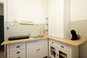 a kitchen counter with a sink and a black teddy bear at Eperke Apartmanok in Balatonfüred +5 photos