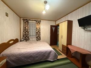 a bedroom with a bed and a desk and a television at healing waters in Skhidnitsa