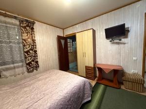 a bedroom with a bed and a flat screen tv at healing waters in Skhidnitsa