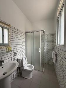a bathroom with a toilet and a sink and a shower at Bright Dakar Plateau Apartment in Dakar +5 photos